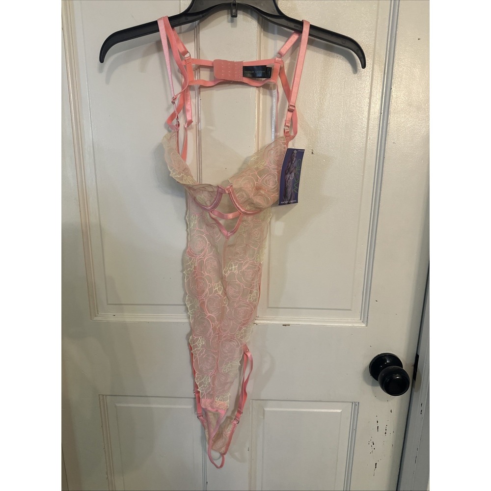 Fantasy Lingerie NWT GLOW CUTOUT TEDDY W/ROSE EMBROIDERY‎ PEACH L/XL - Picture 2 of 8